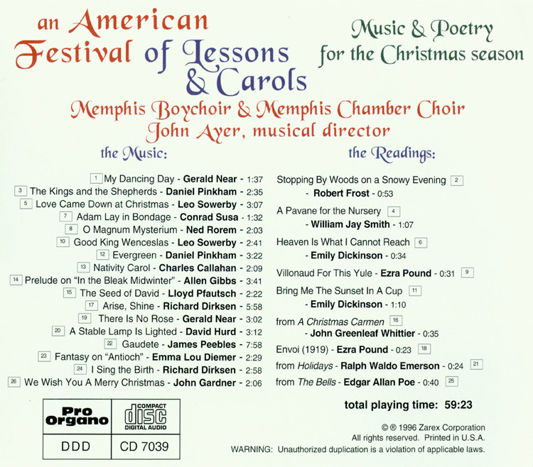 An American Festival of Lessons & Carols <br>(Audio CD) <br>John Ayer directs the Memphis Boychoir and Memphis Chamber Choir - Image 2