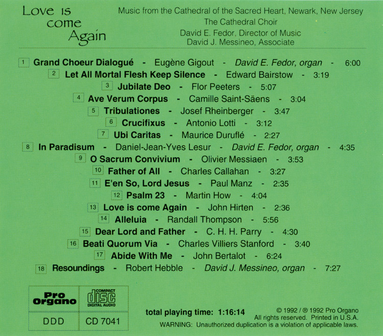 Love is come Again <br>(Audio CD) <br>Choir of Cathedral Basilica of the Sacred Heart, Newark, New Jersey USA - Image 2