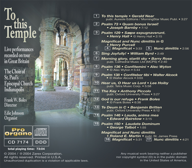To This Temple <br>(Audio CD) <br>St. Paul's Episcopal Church, Indianapolis - Image 2