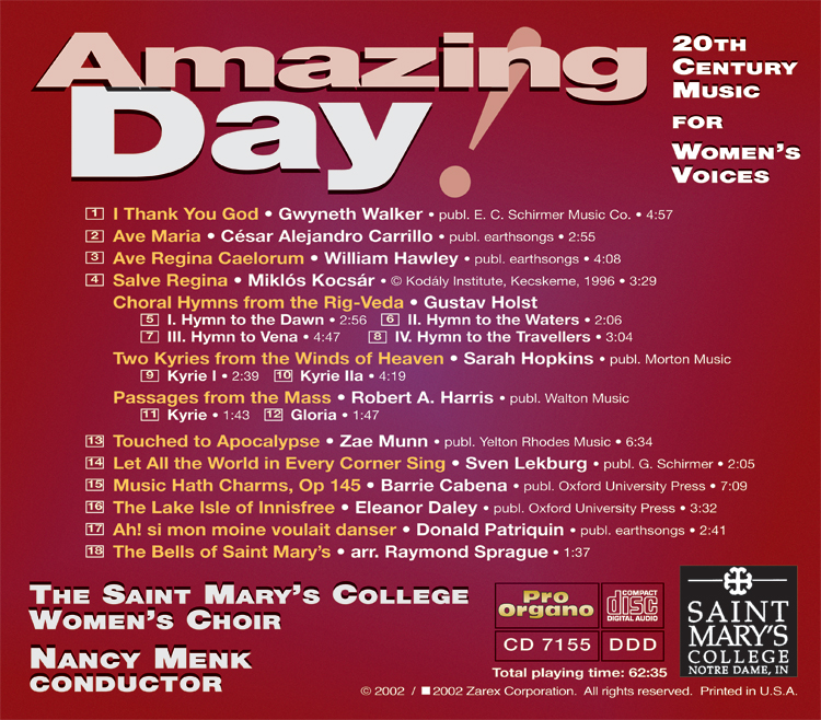 Amazing Day! <br>(Audio CD) <br>Saint Mary’s College Women’s Choir - Image 2