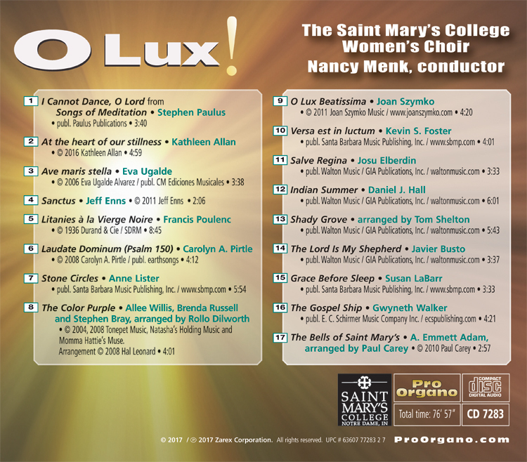 O Lux! <br>(Compact Disc) <br>Saint Mary's College Women's Choir - Image 2