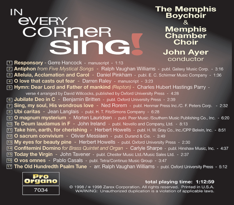 In Every Corner Sing <br>(Audio CD) <br>Memphis Chamber Choir, Memphis Boychoir, John Ayer - Image 2