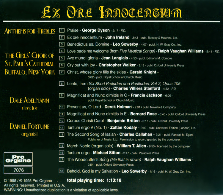 Ex Ore Innocentium <br>(Audio CD) <br>Girl's Choir of St. Paul's Cathedral, Buffalo, New York - Image 2