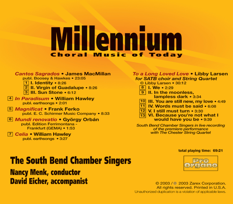 Millennium: Choral Music of Today <br>(Audio CD) <br>South Bend Chamber Singers - Image 2