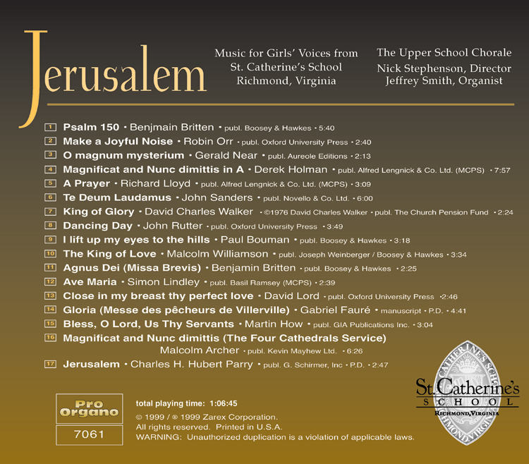 Jerusalem <br>(Audio CD) <br>The Upper School Chorale, St. Catherine's School, Richmond, Virginia - Image 2